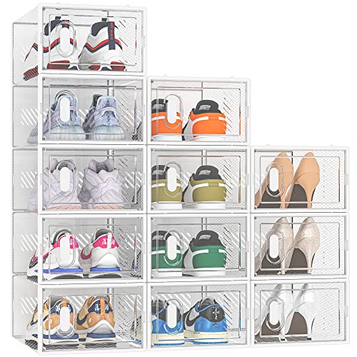 Stackable Clear Plastic Shoe Storage Boxes with Magnetic Door - 12 Pack