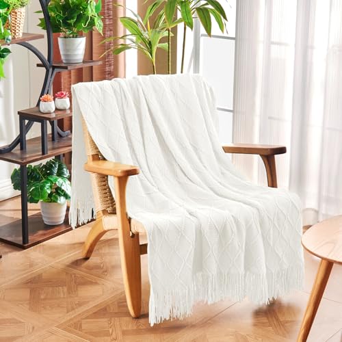 Off-White Knitted Throw Blanket with Tassels - 50x60 Inch Woven Decor