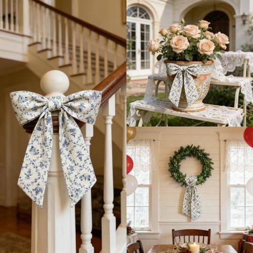 Blue Floral Wreath Sash 2Pcs Satin Garland Ribbon for Front Door Decor