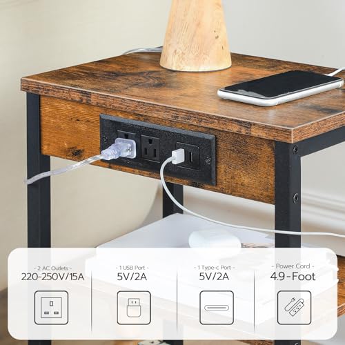 3-Tier Side Table with Charging Station & USB Ports - Rustic Brown