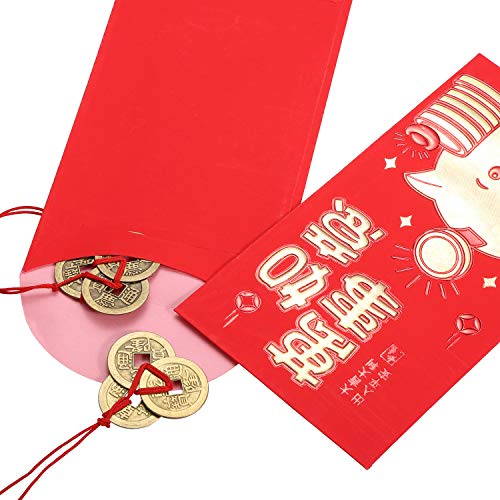 Chinese Fortune Coins with Red String - Feng Shui Good Luck Charms, 10 Pack