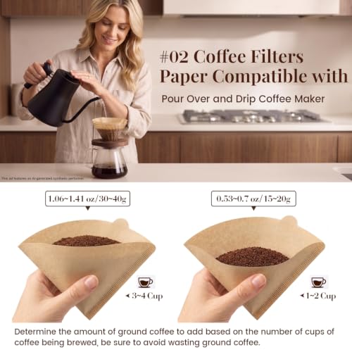 Unbleached Cone Coffee Filters #2 - 200 Pack Natural Paper (2-4 Cup)
