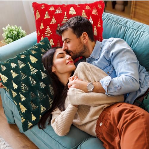Amyhill Christmas Pillow Covers 18 x 18'' Set of 2 Double Sided Christmas Tree Pillow Cover Soft Plush Faux Fur Pillowcases for Couch Living Room Bed(Red)