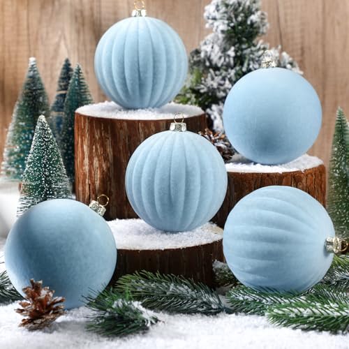 Syhood 4 Inch Dusty Blue Velvet Christmas Ornaments - 9 Pack Large Holiday Balls