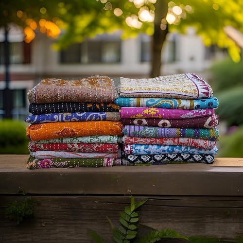 Kantha Quilted Cotton Blanket - Vintage Reversible Bedspread, 85x55 Inches