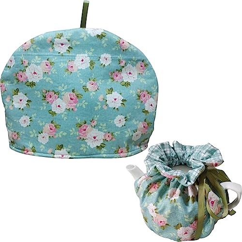 Insulated Tea Cozy Set, Green Floral Cotton Teapot Cover Warmer