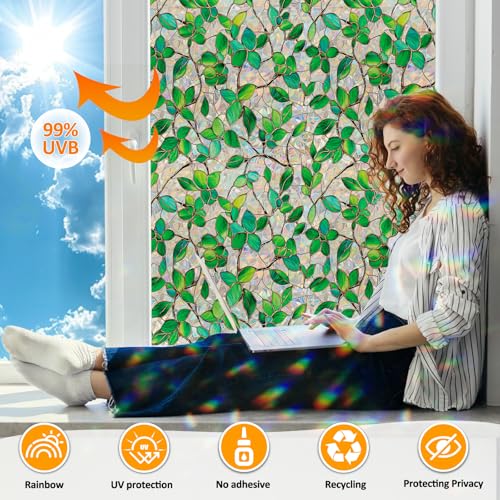 Decorative Rainbow Window Privacy Film - Green Leaf Design, 17.5 x 78.7 in