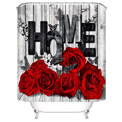 4-Piece Red Rose Shower Curtain Set with Non-Slip Bath Rug and Mats