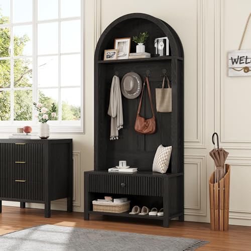 71-Inch Farmhouse Entryway Hall Tree with Coat Rack, Bench, and Shoe Storage
