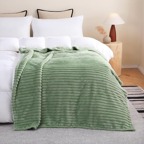 Sage Green Fleece Throw Blanket 50x60 Inches - Soft Striped Flannel
