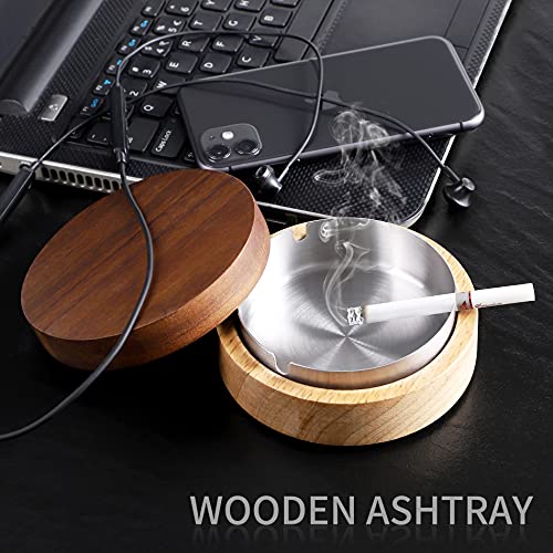 Wooden Ashtray with Lid and Stainless Steel Liner for Indoor and Outdoor Use