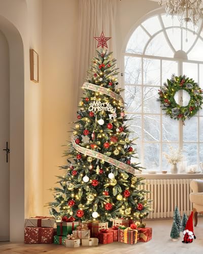 Garvee 6.5 FT Pre-Lit Pencil Christmas Tree - Classic Green, Warm White Lights, Auto-Hinged, Foldable Metal Stand