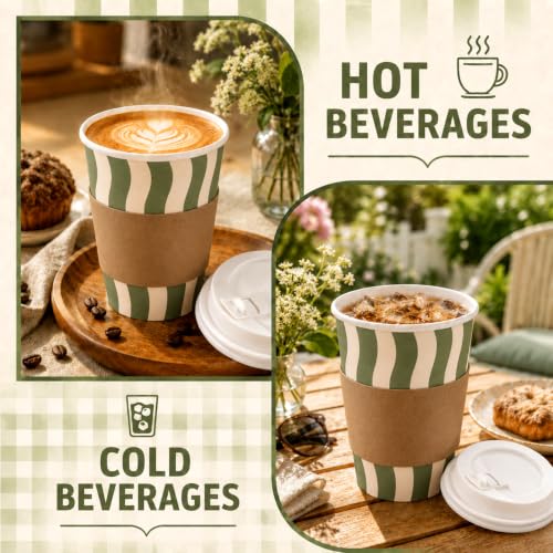 Newtay 16 oz Sage Green Striped Paper Cups with Lids & Sleeves – 60 Pack