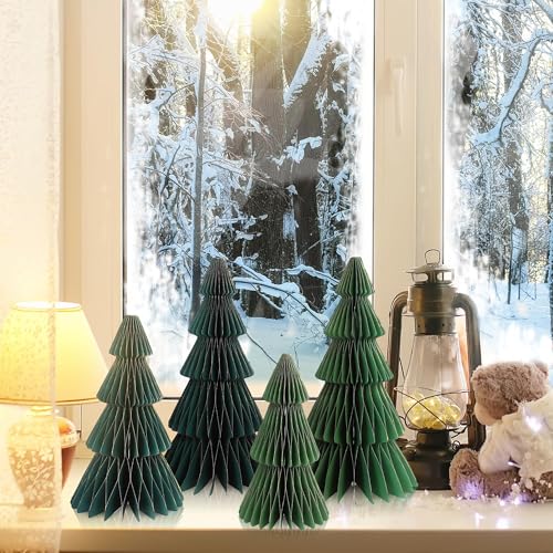Aneco Green 9 Pcs Honeycomb Christmas Trees Set with Glitter Edges - Medium Size Holiday Decor