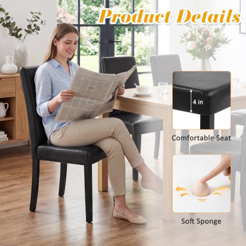 Set of 6 Black Modern Dining Chairs with PU Leather Upholstery & Solid Wood Legs