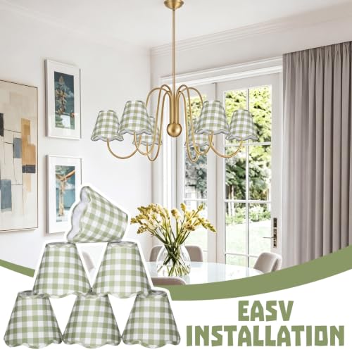 Gerrii 6 Pcs Scalloped Lampshades Green Plaid for Chandeliers – E12 Clip-On