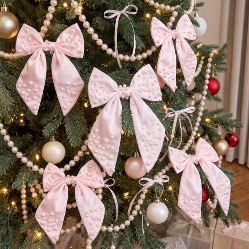 Yinder 12 Pack Pink Pearl Christmas Tree Bow Ornaments Large Satin Holiday Decor