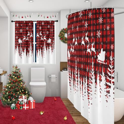 Culudea Santa Plaid Shower Curtain Set 72 x 72 in Red Black Plaid