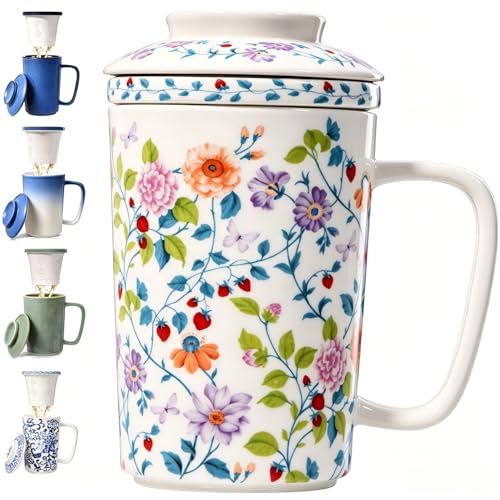 Vibrant Floral Ceramic Tea Mug with Infuser & Lid, 16oz, Perfect for Loose Leaf Tea