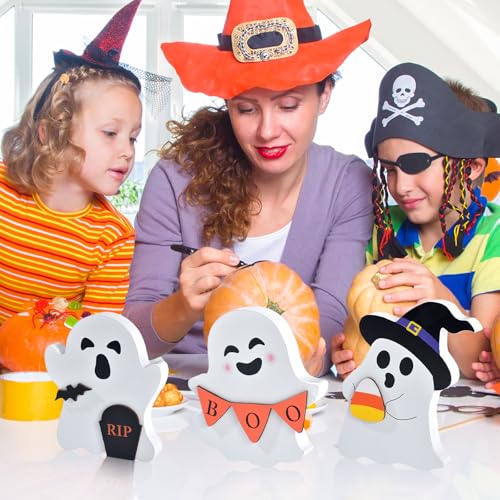 3-Piece Wooden Halloween Ghost Tiered Tray Decor Set for Table Display