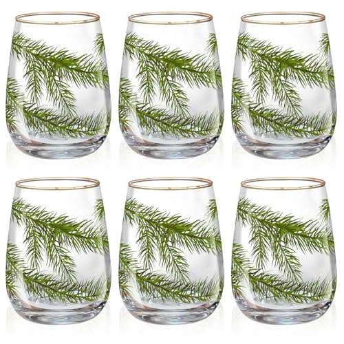 Maxcheck Pine Needle 6-Pack 18 oz Stemless Christmas Wine Glasses Set