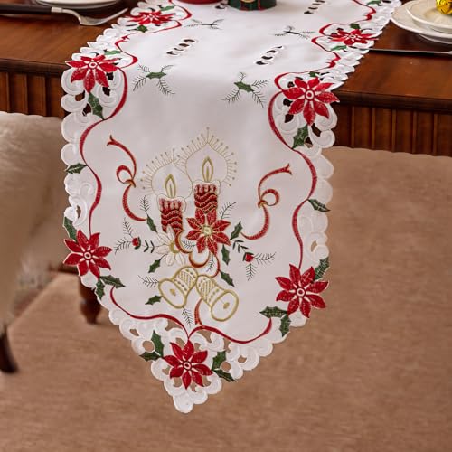 Joyfol Day Christmas Table Runner 14x69 in with Embroidered Poinsettia Holly Candles Bell