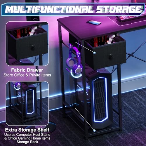 33.5" Compact Gaming Desk with LED Lights, Power Outlets, and Storage Drawer