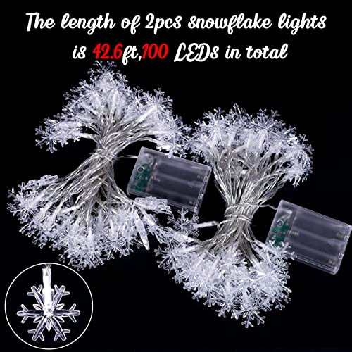 Geefuun 2-Pack 100 LED Winter Snowflake String Lights, White, 42.6 ft