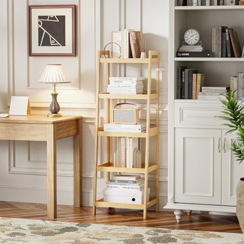 5-Tier Bamboo Ladder Bookcase, Freestanding Storage Shelf & Plant Stand
