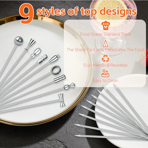 Silver 9 Pcs Stainless Steel Martini Cocktail Picks Set - Reusable Garnish Skewers
