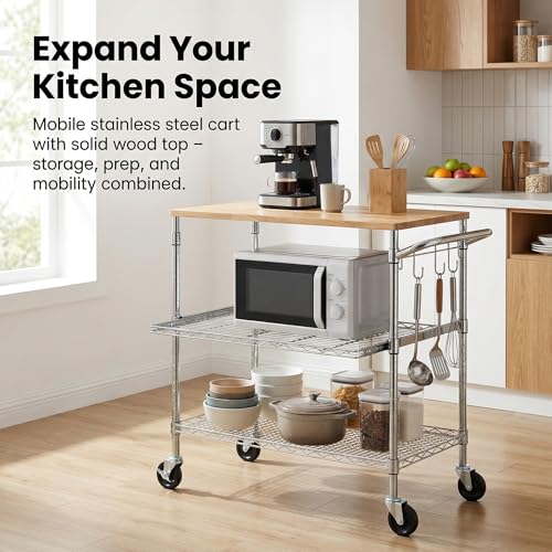 3-Tier Rolling Kitchen Cart with Oak Wood Top, Utility Island with Wheels