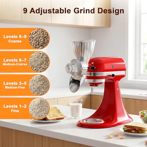 Metal Grain Mill Attachment for Stand Mixers, 9-Level Adjustable Flour Grinder