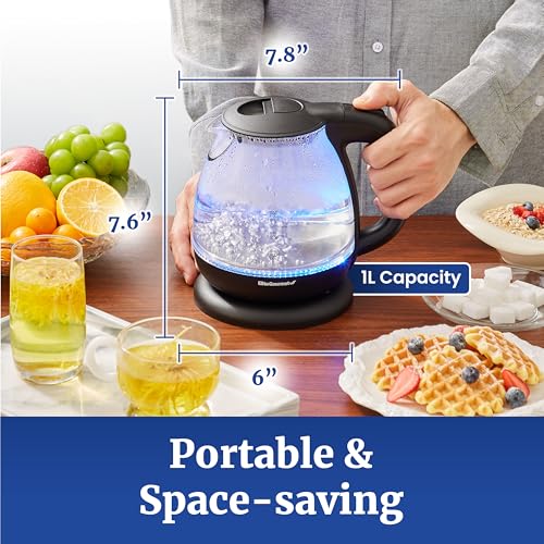 1.0L Electric Glass Kettle with Blue LED, Cordless Base & Auto Shut-Off