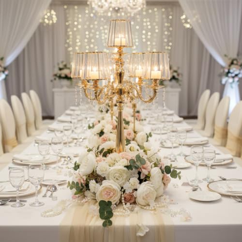 5-Arm Gold Candelabra Centerpiece 33-Inch Tall with Glass Shades & Crystal Pendants - VINCIGANT