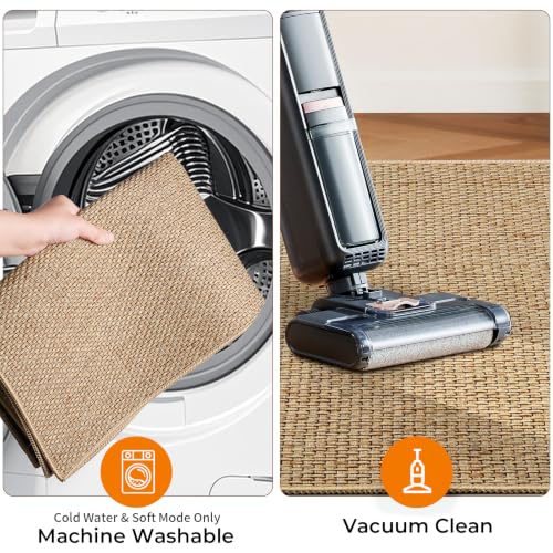 Washable Kitchen Rug Set of 2, Non-Slip Chenille Floor Mats, Khaki