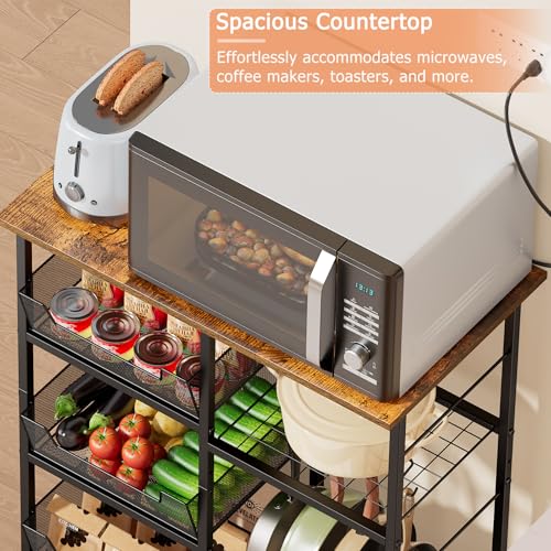 Rolling Kitchen Microwave Cart with Tilt-Out Baskets & Adjustable Shelves