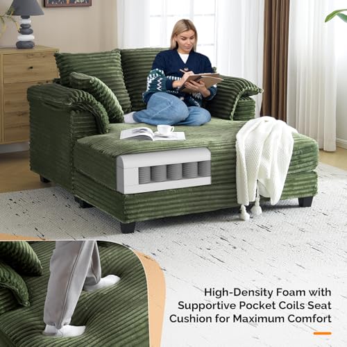 Oversized Corduroy Lounge Chair with Armrests and Pillows, 56-Inch Wide