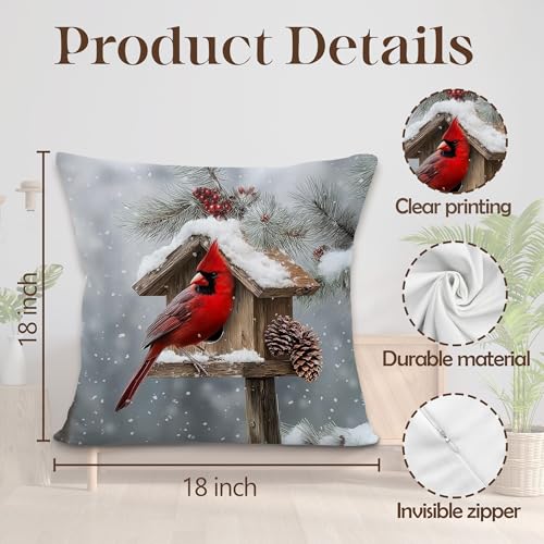 LRyeisahh Xmas_4 Christmas Cardinal Throw Pillow Cover 18x18 Rustic Farmhouse Holiday Decor