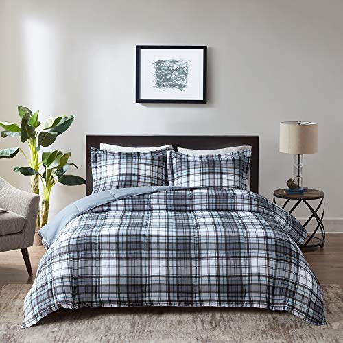 Madison Park Essentials Parkston Plaid Comforter, Matching Sham, 3M Scotchguard Stain Release Cover, Hypoallergenic All Season Bedding-Set, Twin/TwinXL, Grey, 2 Piece