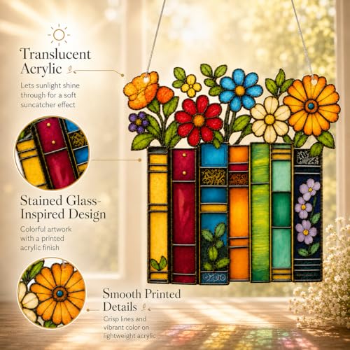 Book Lover Ornament, Acrylic Floral Book Suncatcher for Reading Enthusiasts