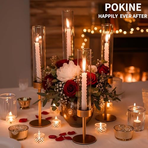 POKINE Gold Candle Holders Set of 6 for Taper Candles – 18.9/16.5/14.9 in Varied Heights (Variation 6)