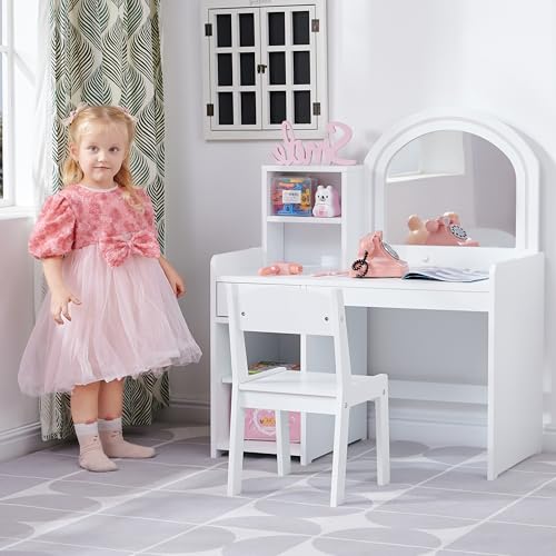 Kids Vanity Set with Lighted Mirror, Drawer, and Stool - White