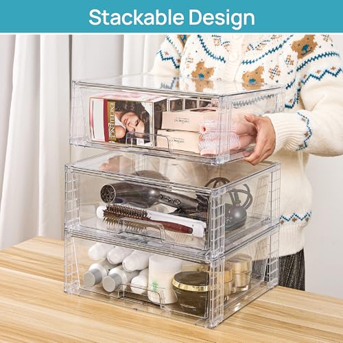 Clear Stackable Storage Drawers 2 Pack Large Plastic Bins for Closet and Pantry