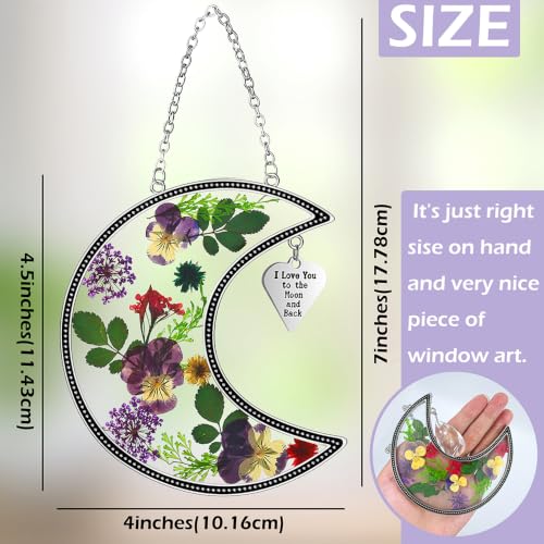 Moon Suncatcher with Real Pressed Flowers and I Love You Charm