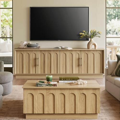 Mid-Century Modern 67" TV Stand and Lift-Top Coffee Table Set, Oak