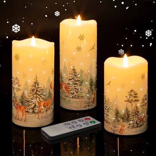 Eywamage Forest Deer Fiber Optic Christmas LED Candles with Remote & Timer