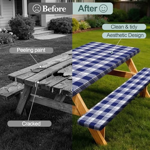 Waterproof Fitted Picnic Table Cover with Bench Covers - 6ft Blue Checkered