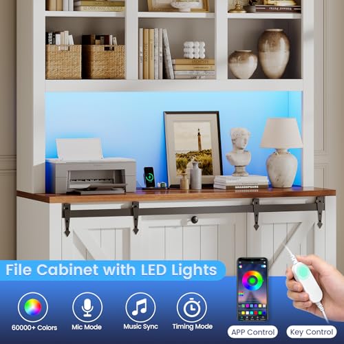 41-Inch Farmhouse File Cabinet with Charging Station, Barn Door & LED Lights