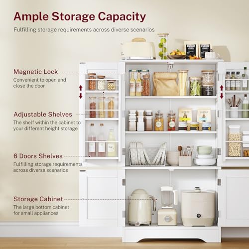 43-Inch Tall Pantry Storage Cabinet with 4 Doors and 6 Door Shelves, White
