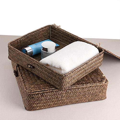 Set of 2 Woven Seagrass Storage Bins with Lids Coffee Flat Baskets